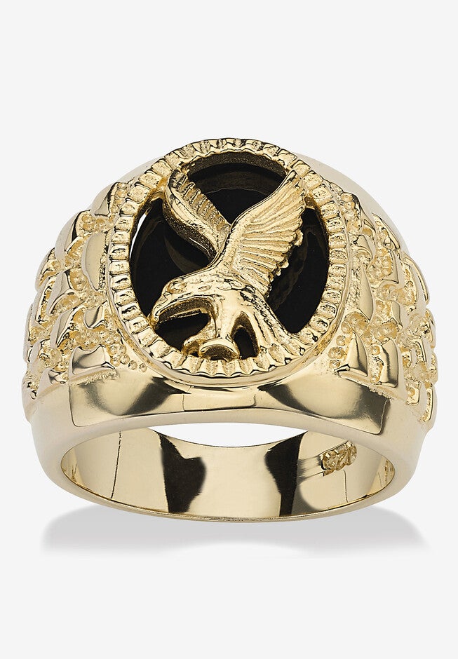 Men's Yellow Gold over Sterling Silver Natural Black Onyx Eagle Ring, ONYX, hi-res image number 0
