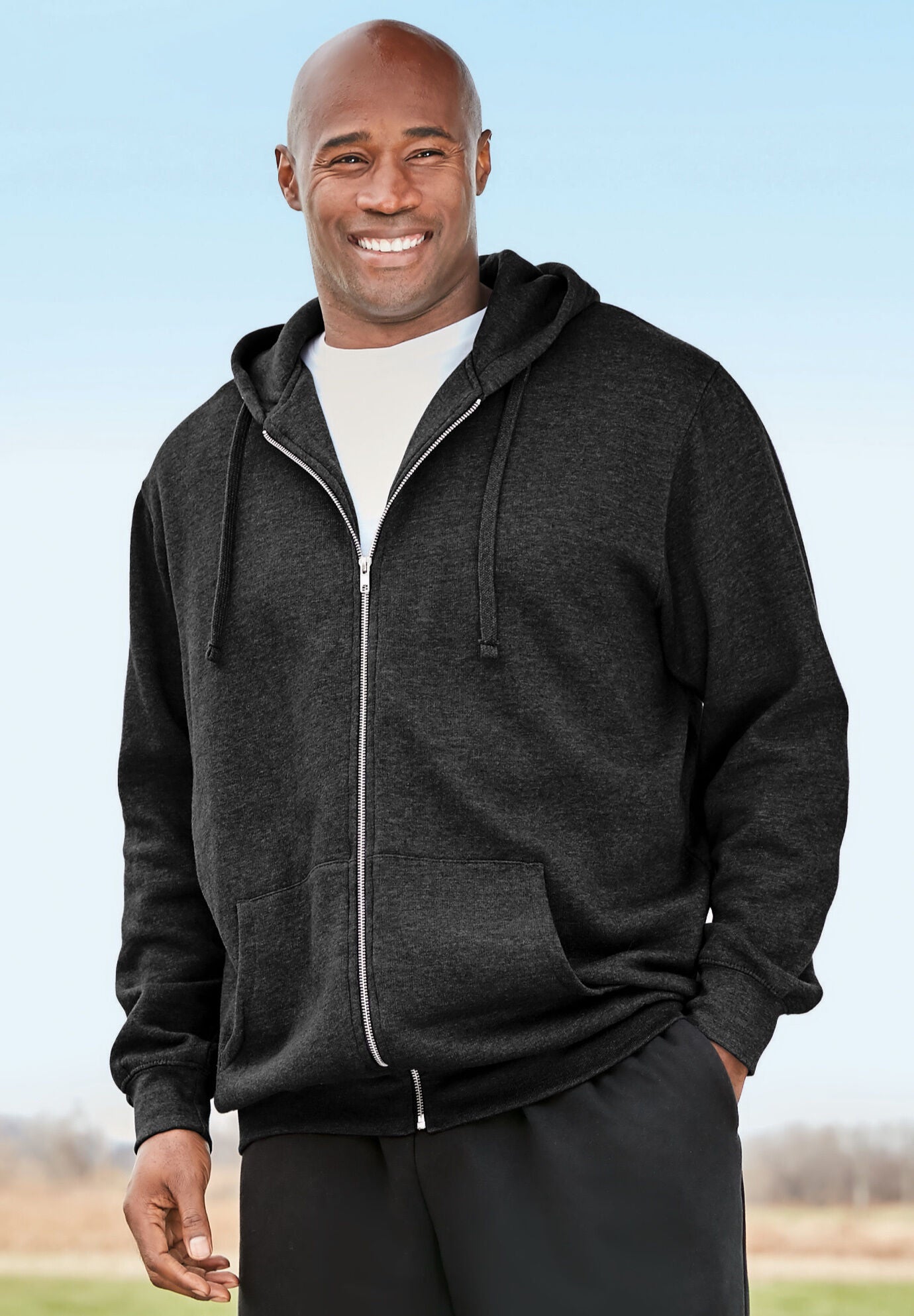 Fleece Zip Front Hoodie with Pockets Drawstring Heather Charcoal King Size