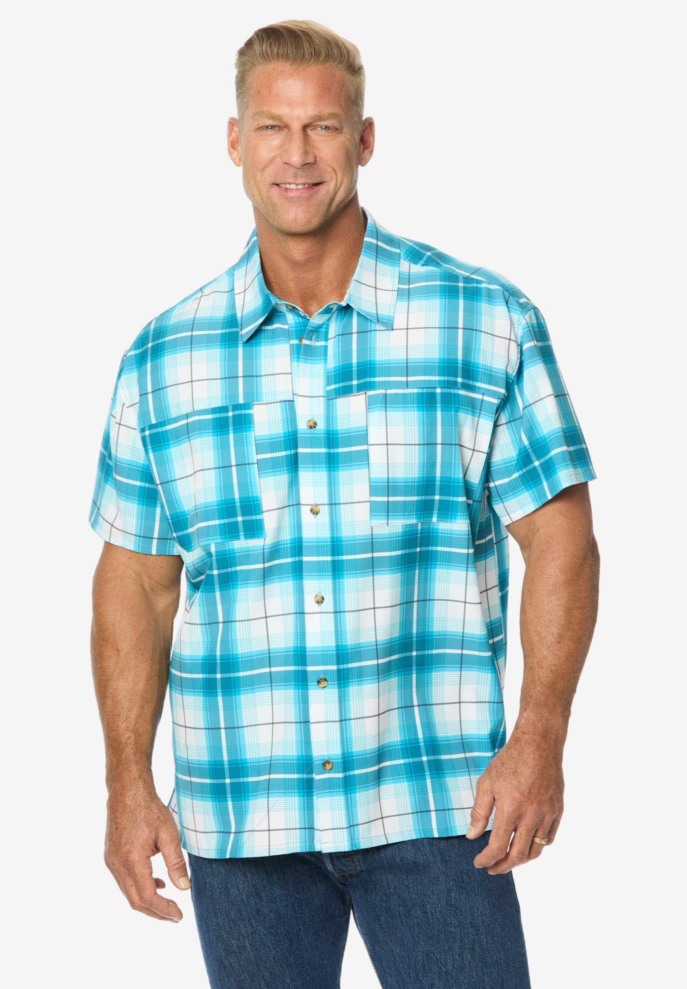 Double Pocket Short Sleeve Performance Shirt, TEAL PLAID, hi-res image number 0