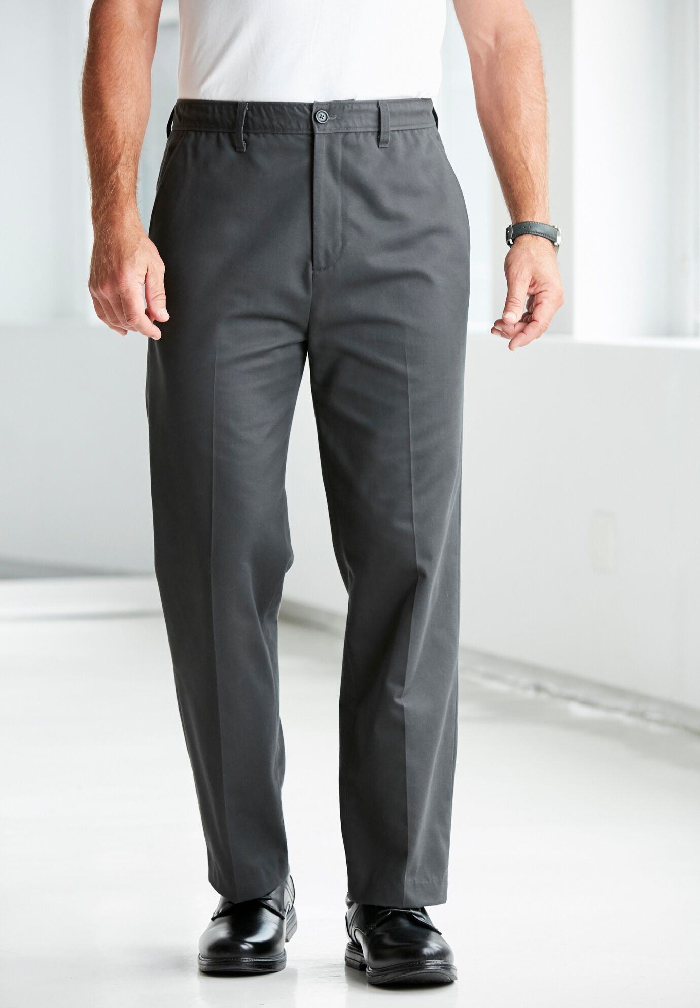 Relaxed Fit Wrinkle Free Full Elastic Plain Front Pants King Size