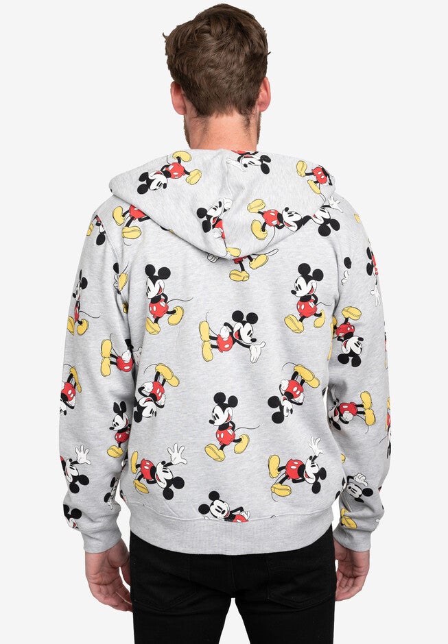 Men's Disney Mickey Mouse Zip Hoodie All-Over Print Sweatshirt Gray, GRAY, on-hover image number null