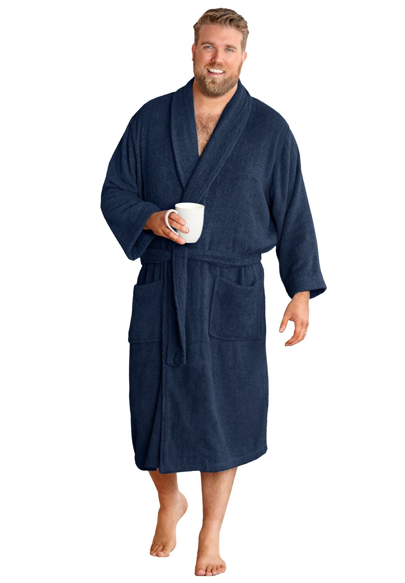 Terry Bathrobe with Side Pockets - Cotton Robe, Navy | King Size