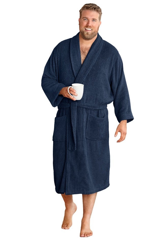 Bath Robe Side Terry Bathrobe with Side Pockets - Cotton Robe, Navy | King Size