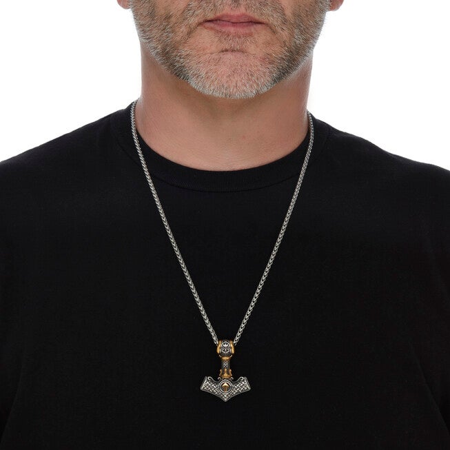 Men's Yellow Gold Ion-Plated Stainless Steel Viking Hammer Pendant Necklace, GOLD, alternate image number 2