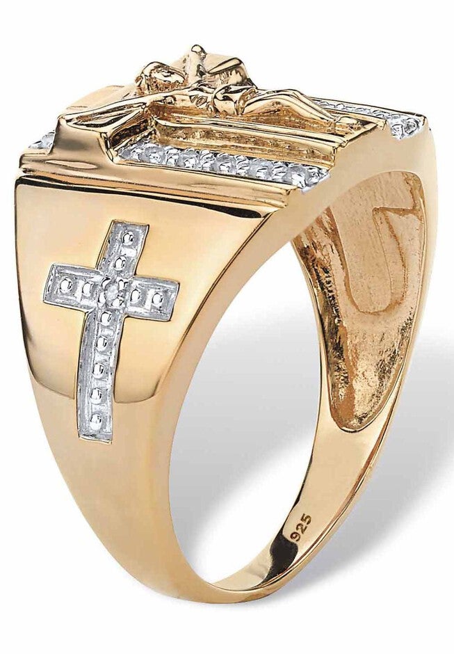 18K Gold over Sterling Silver Genuine Diamond Crucifix Ring, , on-hover image number 1