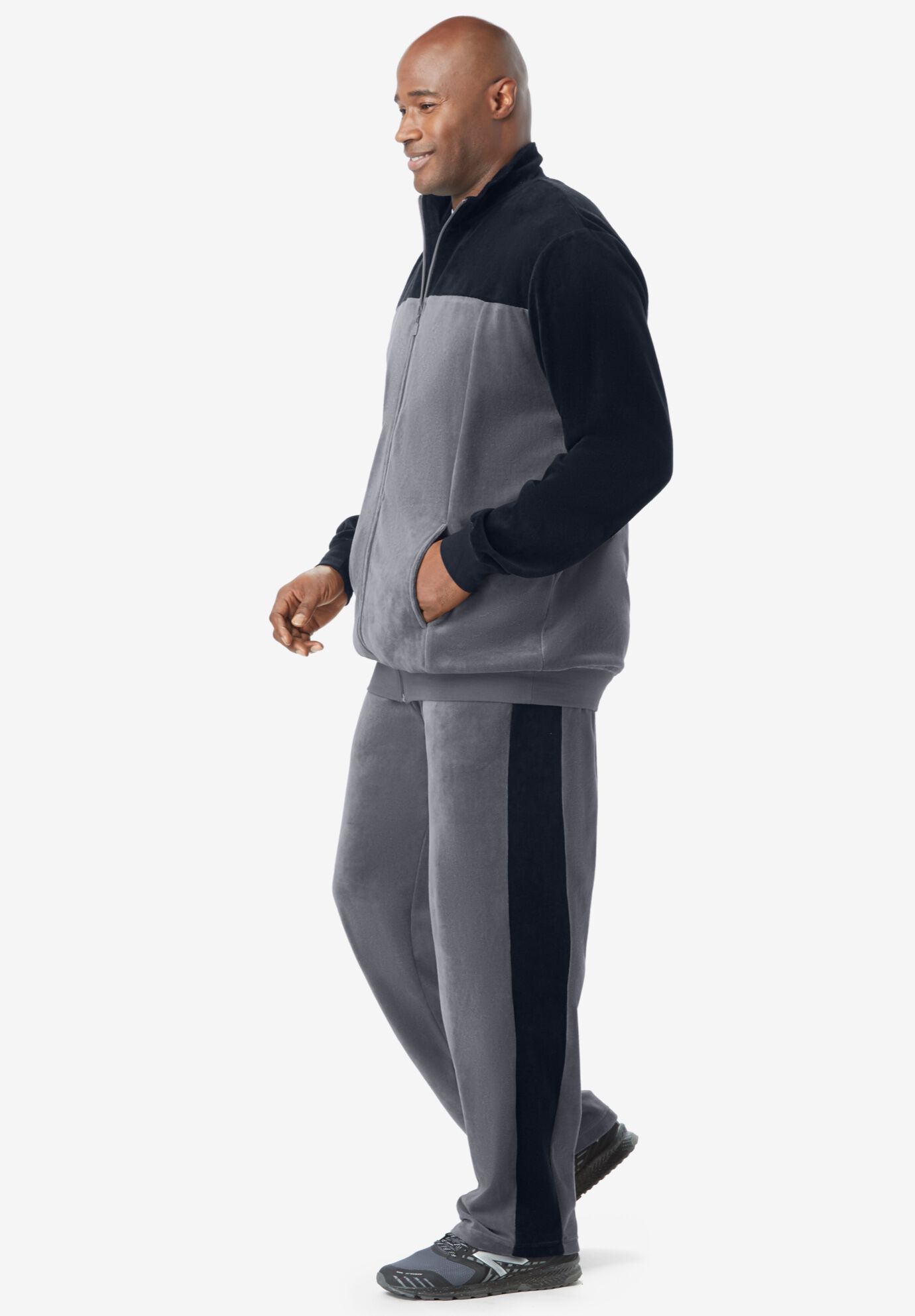 Colorblock Velour Tracksuit Relaxed Fit Deep Burgundy Black King Size