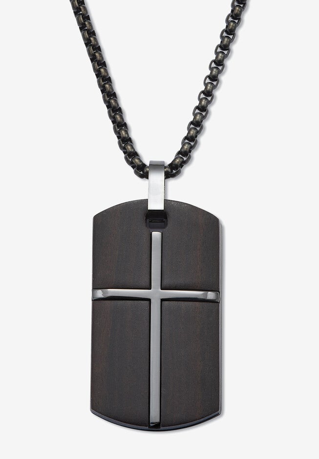 Men'S Black Ion-Plated Stainless Steel Dog Tag Pendant Cross Necklace 26 Inch Jewelry, BLACK, hi-res image number null