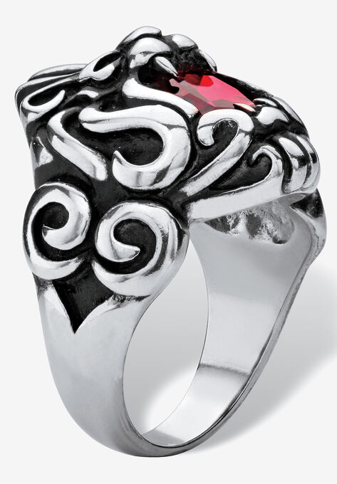 Men's Stainless Steel Antiqued Red Cubic Zirconia Lion's Head Ring, , on-hover image number null