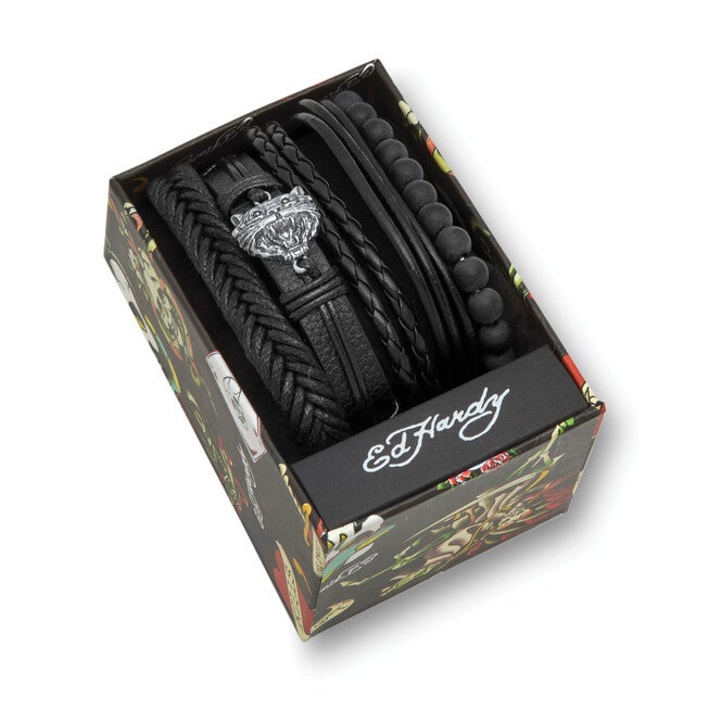 Men's Stainless Steel Multi Strand Leather Macrame Bracelet 8.5 Inch, Adjustable, BLACK, alternate image number null