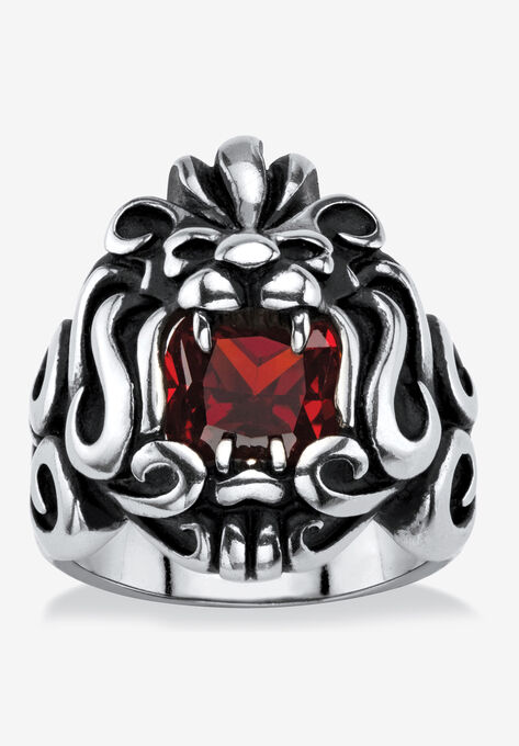 Men's Stainless Steel Antiqued Red Cubic Zirconia Lion's Head Ring, CUBIC ZIRCONIA, hi-res image number null