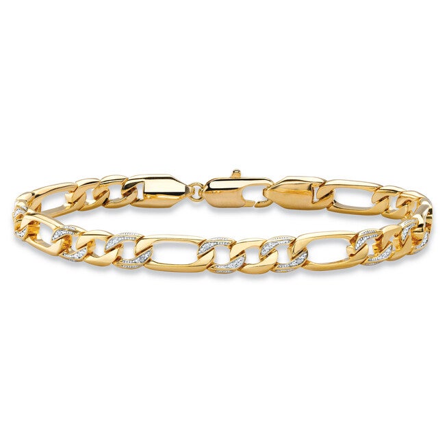 Men's Diamond Accent Pave-Style Gold-Plated Figaro-Link Bracelet 8.5 inches, WHITE, hi-res image number null