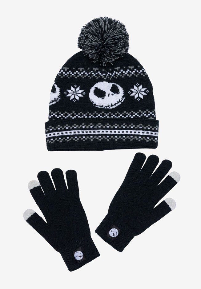 Men's Nightmare Before Christmas Knit Beanie Hat & Touch Screen Gloves  2-Piece Set, BLACK, hi-res image number 0