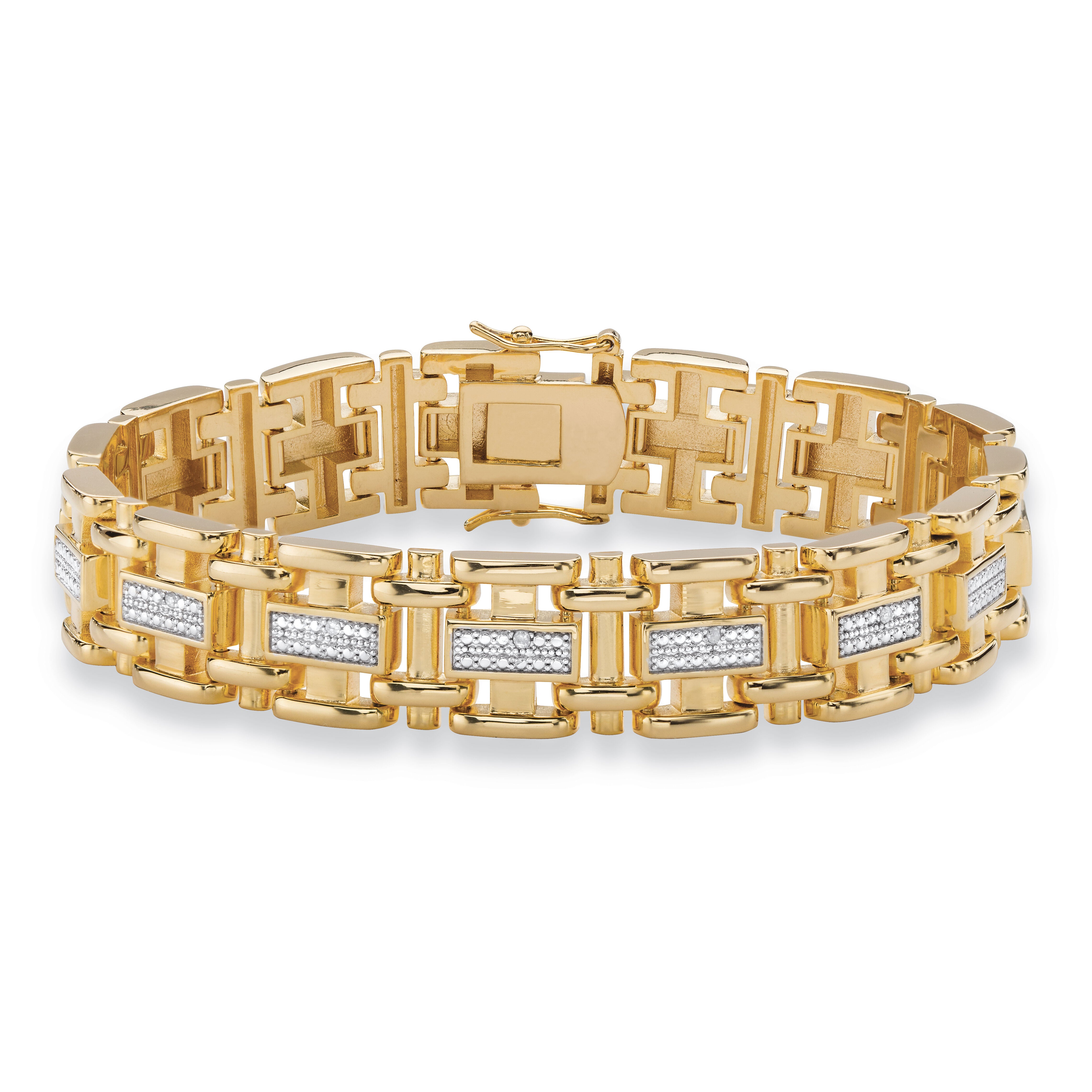 Men's Diamond Accent Yellow Gold-Plated Bar-Link Bracelet 8.5 inches, WHITE, hi-res image number 0