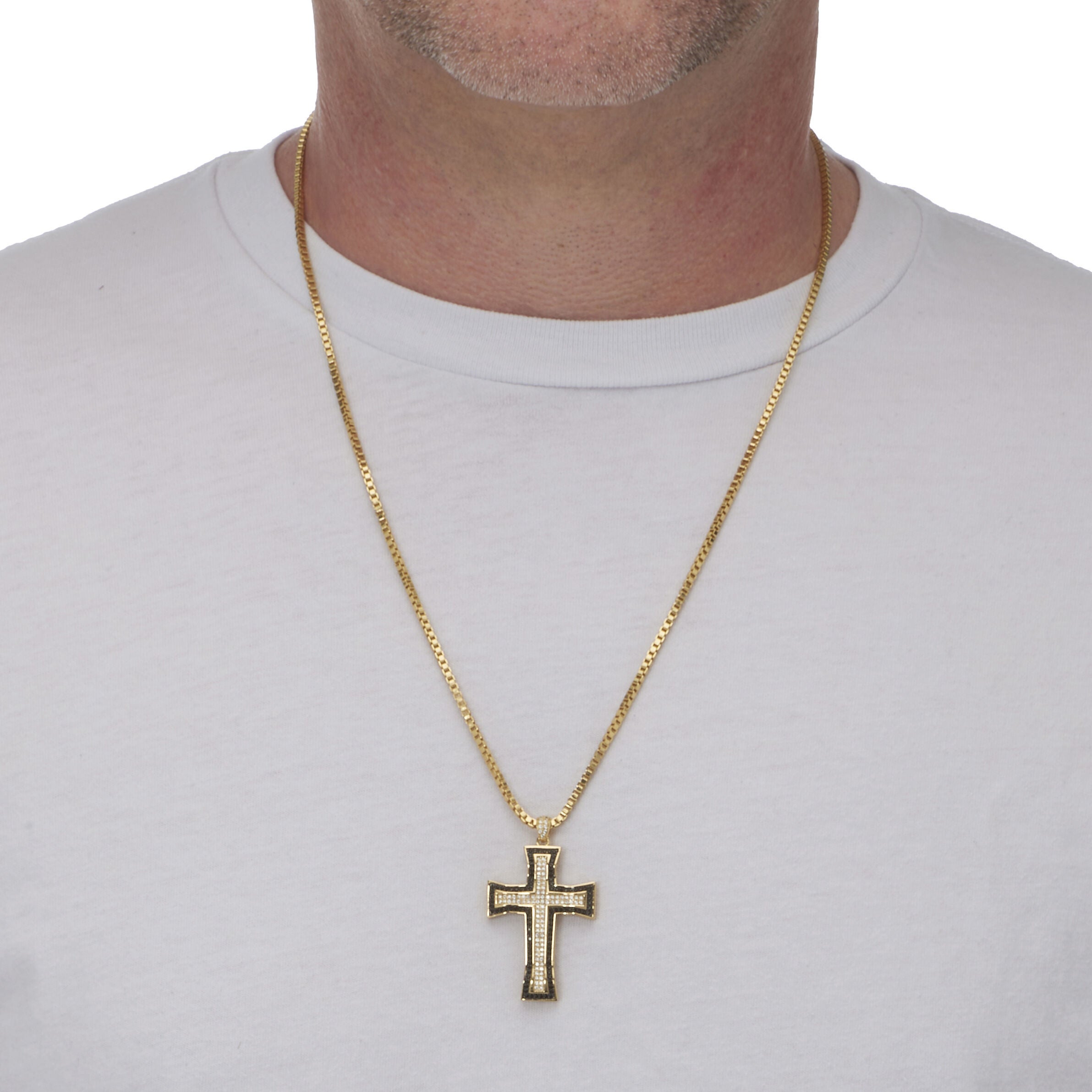 Men's White and Black Cubic Zirconia Goldtone Cross Pendant Necklace, 24 Inches, BLACK, alternate image number 2