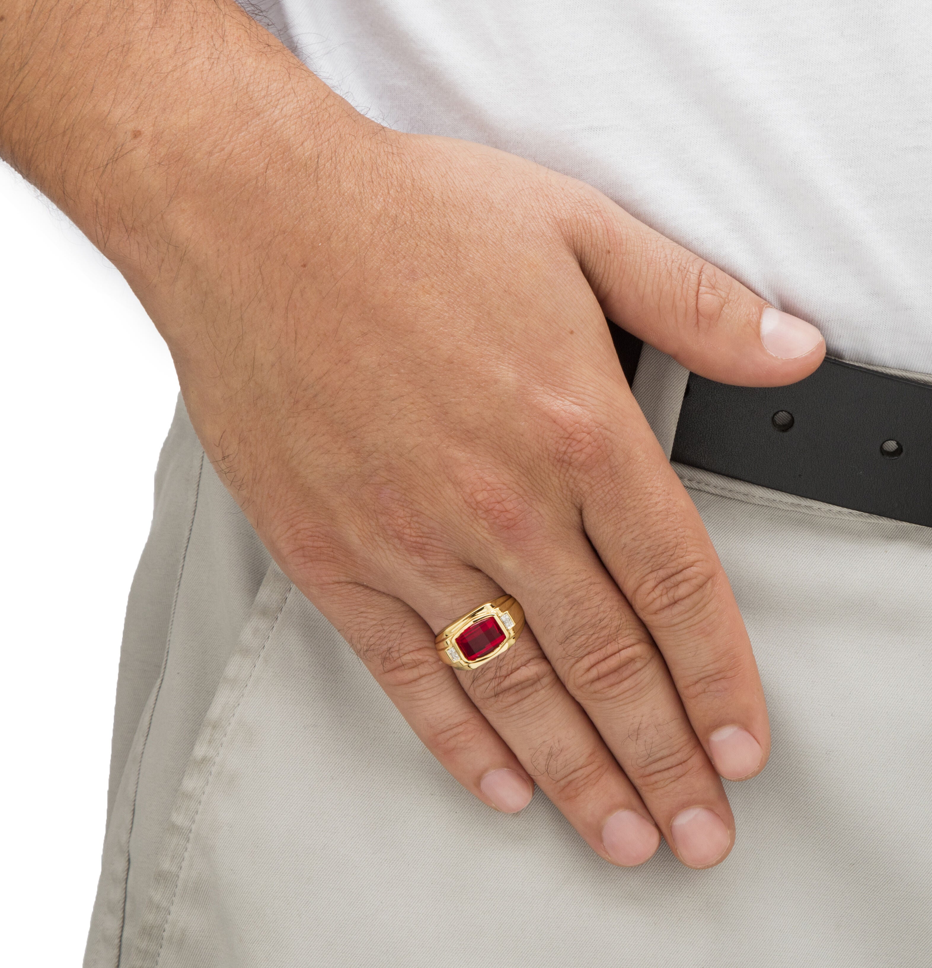 Men&#39;s 2.77 TCW Created Red Ruby and Diamond Accent 18k Gold-Plated Ring, RED, alternate image number 3