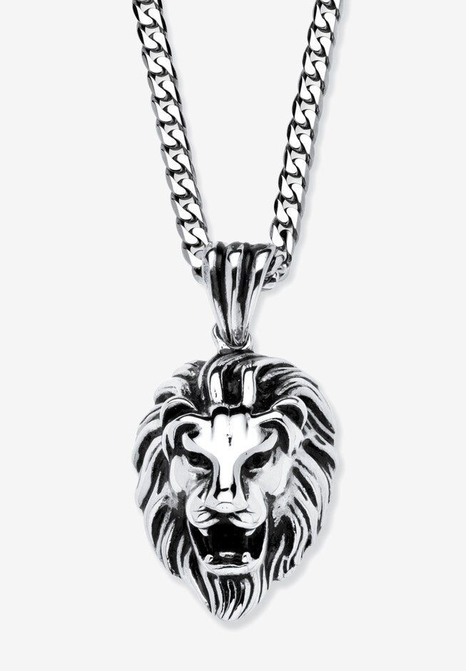 Lion's Head Pendant Necklace , STAINLESS STEEL, hi-res image number 0