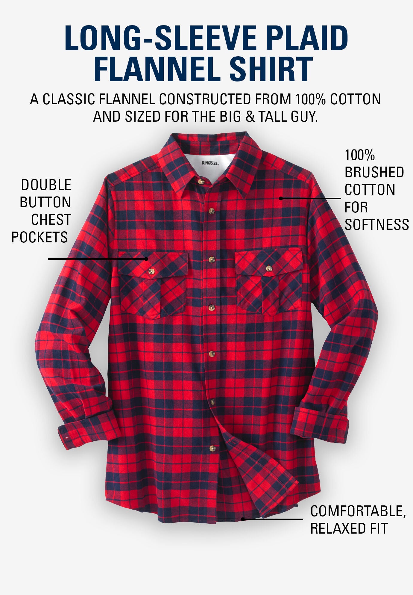 Relaxed Fit Men's Plaid Flannel Shirt, Tartan Plaid King Size