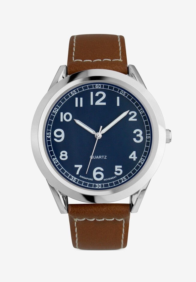 Easy-Read Watch with Faux Leather Band, SILVER, hi-res image number null