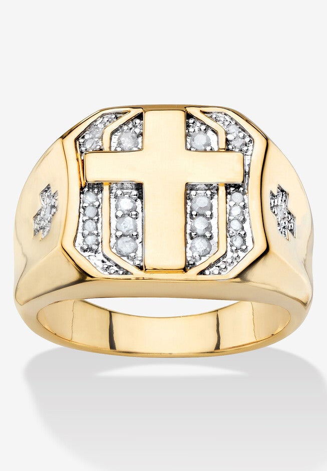 Men'S Yellow Gold-Plated Round Genuine Diamond Cross Ring (1/5 Cttw), GOLD, hi-res image number null