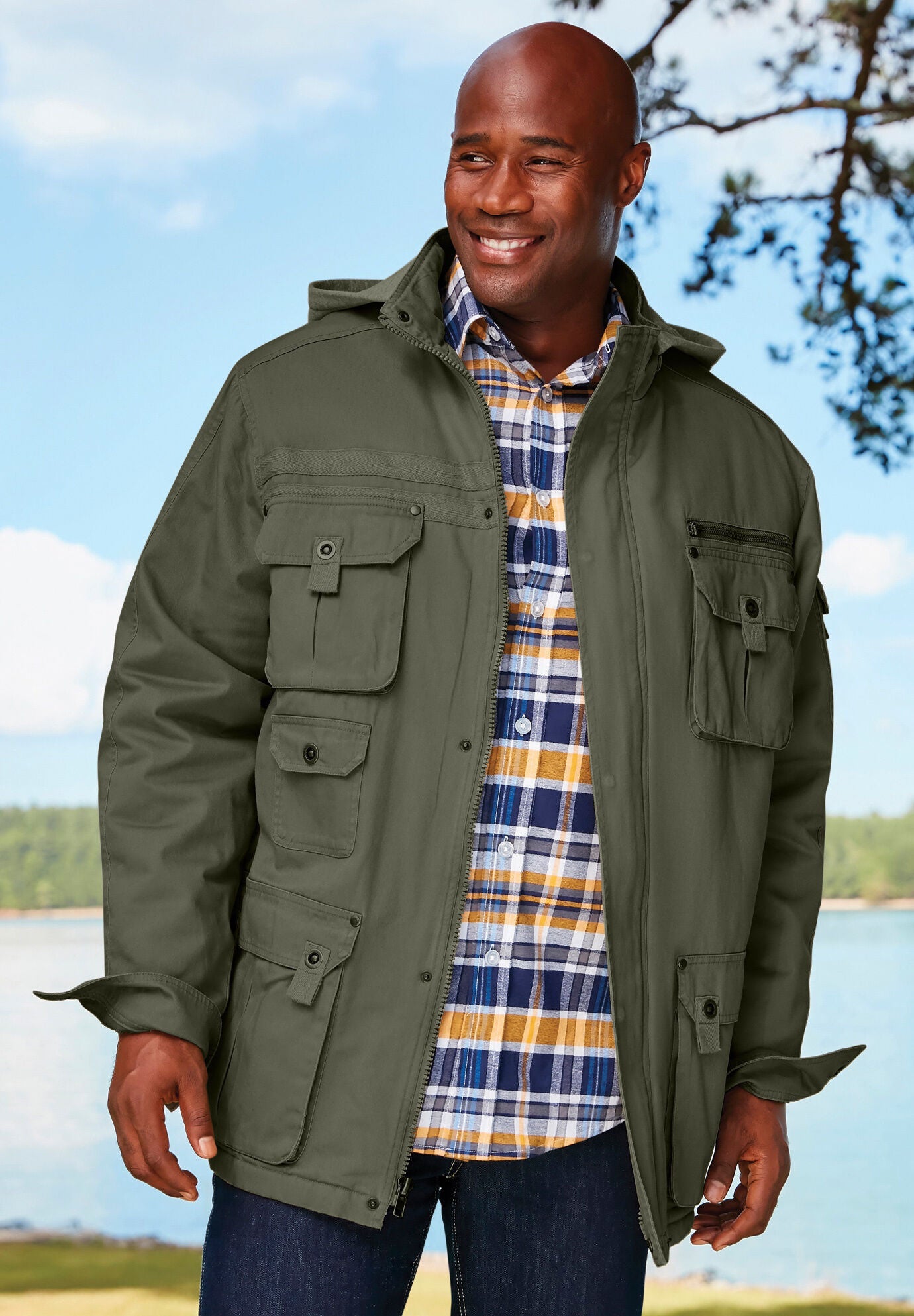 Hooded drawstring utility jacket clearance