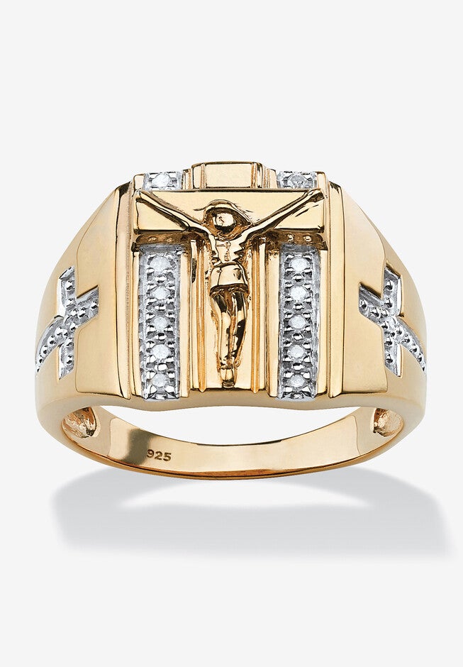 18K Gold over Sterling Silver Genuine Diamond Crucifix Ring, GOLD, hi-res image number 0