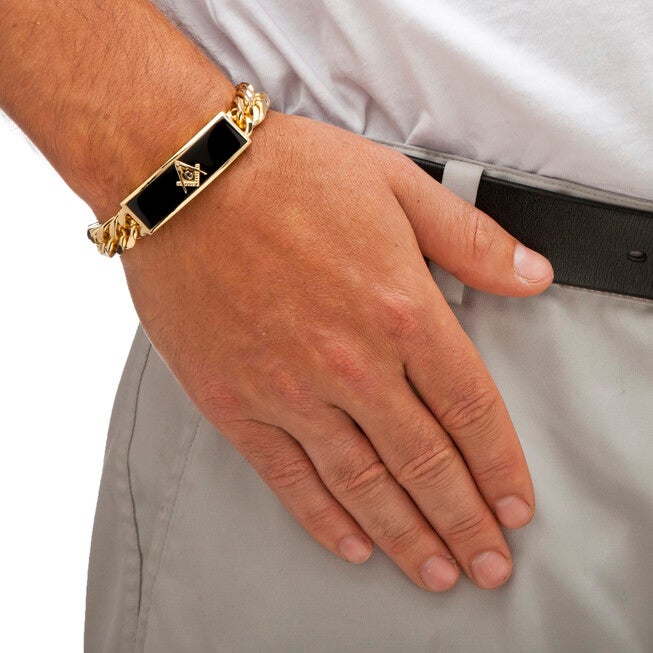 Men's Genuine Onyx Masonic Gold-Plated Insignia Curb-Link Bracelet 8 inches, BLACK, alternate image number null