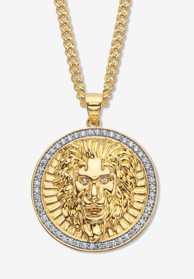 Unisex Yellow Gold-Plated Round Cubic Zirconia Lion Head Pendant 1 1/10 Cttw, GOLD, hi-res image number null