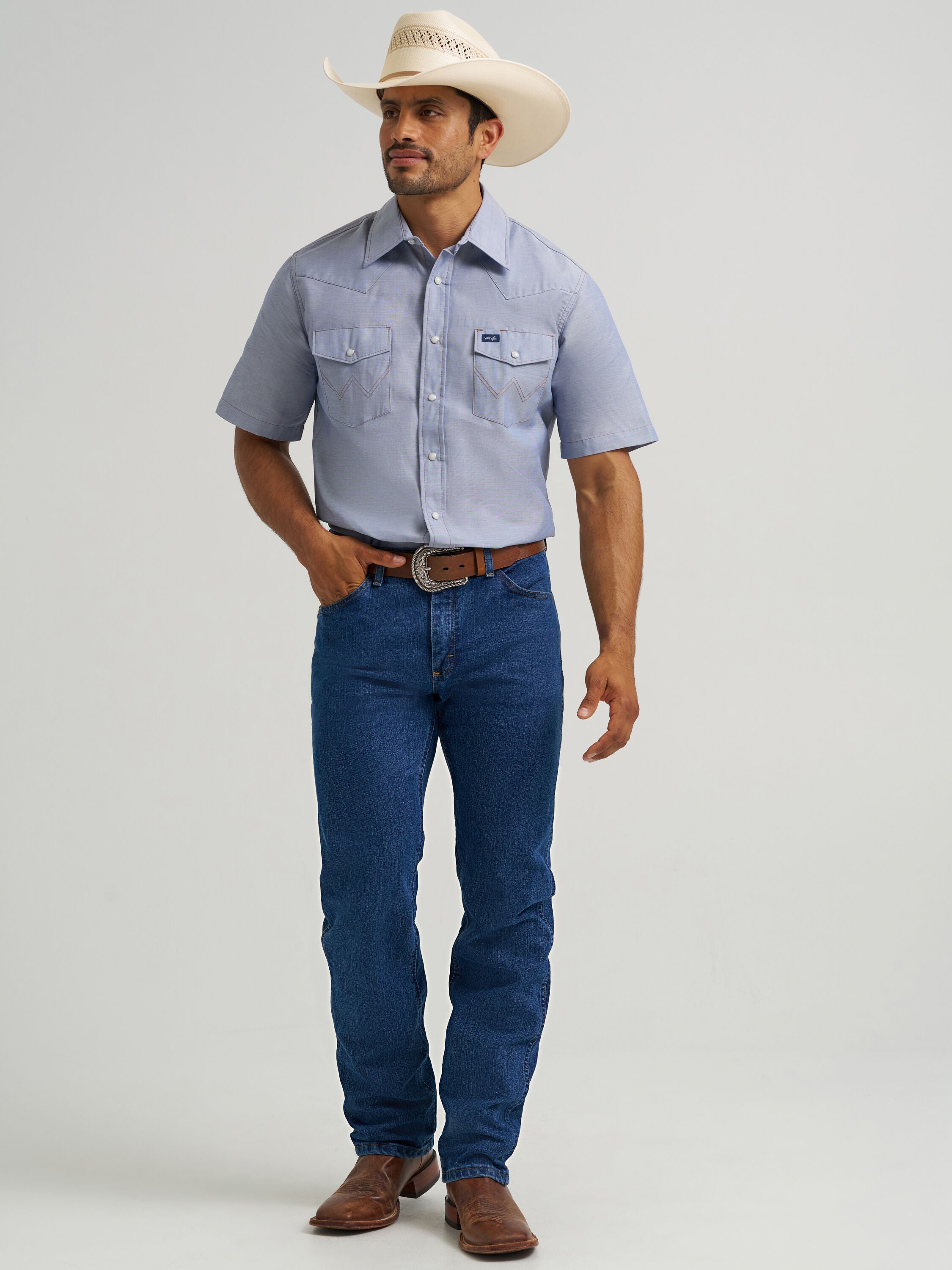 Wrangler Western Short Sleeve Work Shirt, CHAMBRAY, alternate image number 3