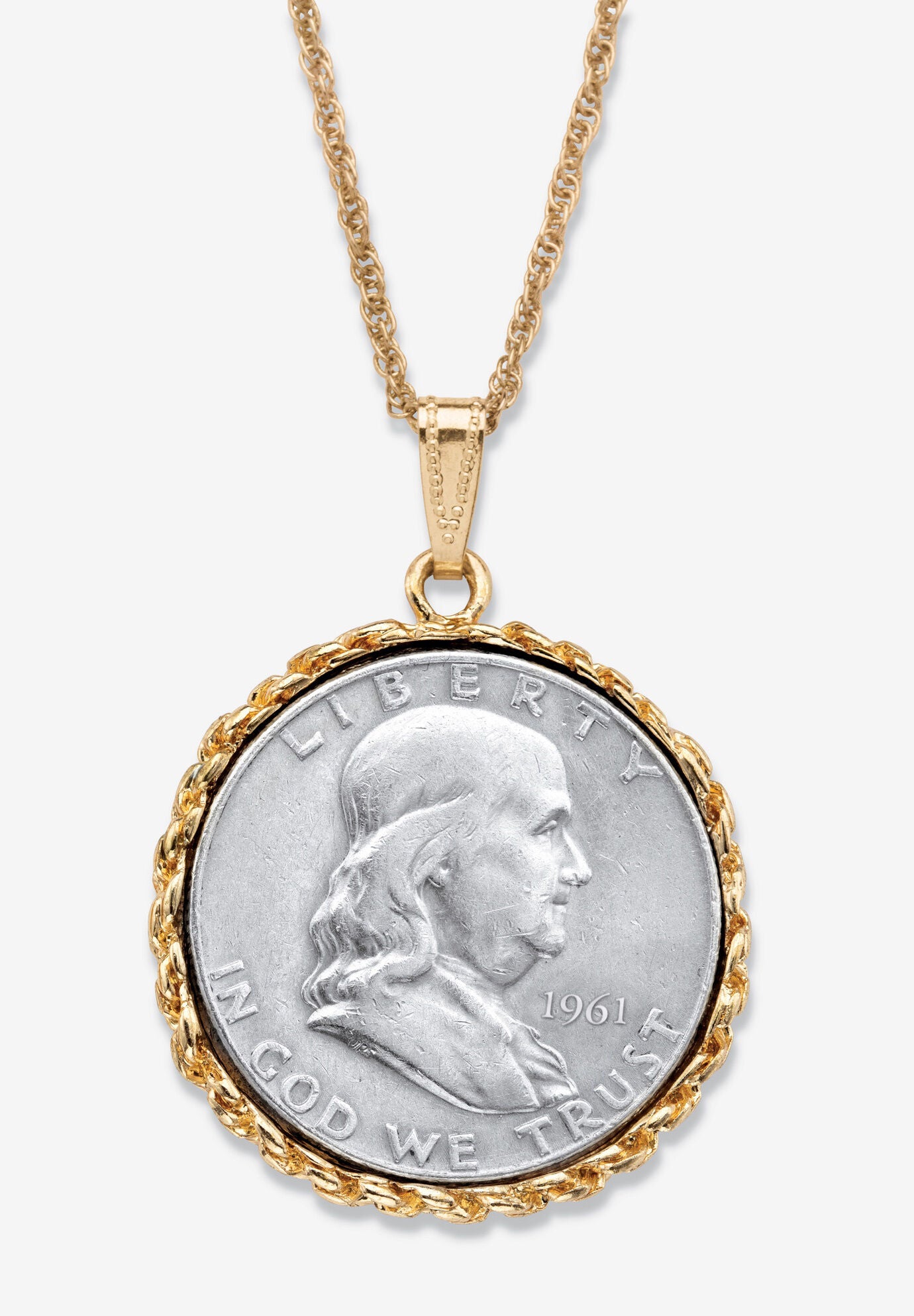 Genuine Half Dollar Pendant Necklace In Yellow Goldtone, 1961, hi-res image number 0