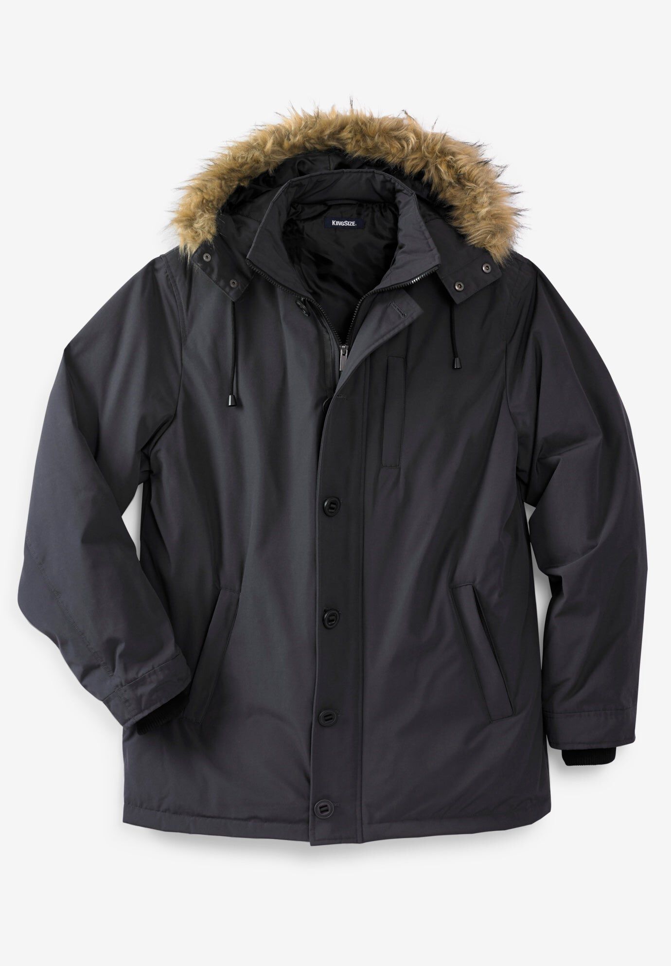 Fleece-lined Longer-length Hooded Parka, Black | King Size