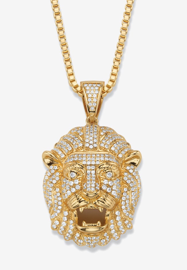 Gold-Plated Lion Head Pendant with Cubic Zirconia accents with 22 inches Chain, CUBIC ZIRCONIA GOLD, hi-res image number 0