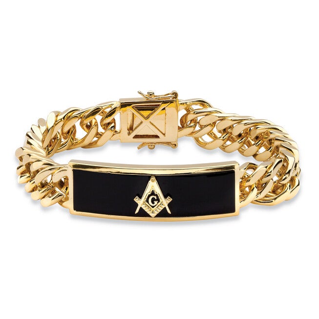Men's Genuine Onyx Masonic Gold-Plated Insignia Curb-Link Bracelet 8 inches, BLACK, hi-res image number null