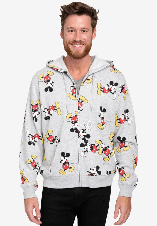 Men's Disney Mickey Mouse Zip Hoodie All-Over Print Sweatshirt Gray, GRAY, alternate image number null