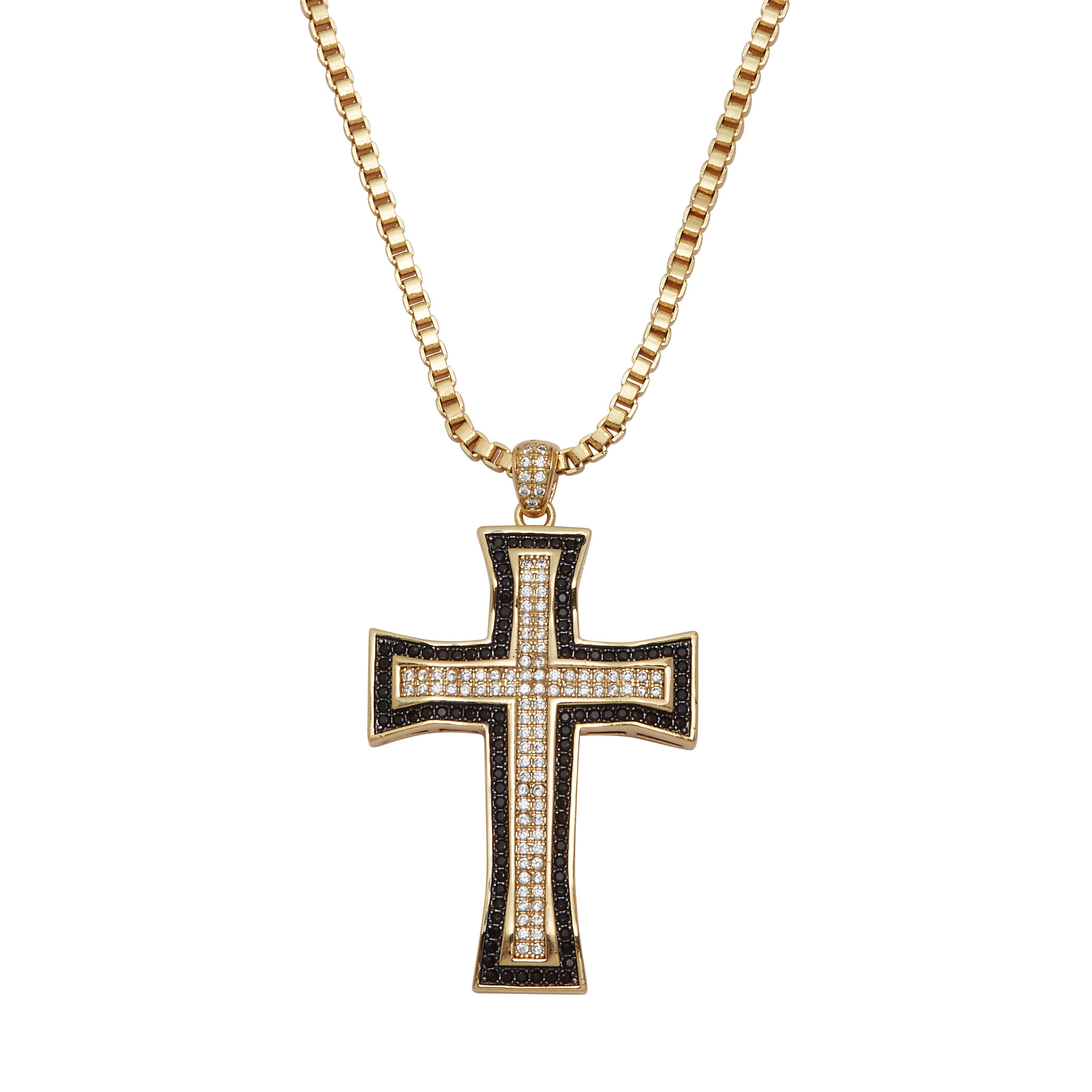 Men's White and Black Cubic Zirconia Goldtone Cross Pendant Necklace, 24 Inches, BLACK, hi-res image number 0