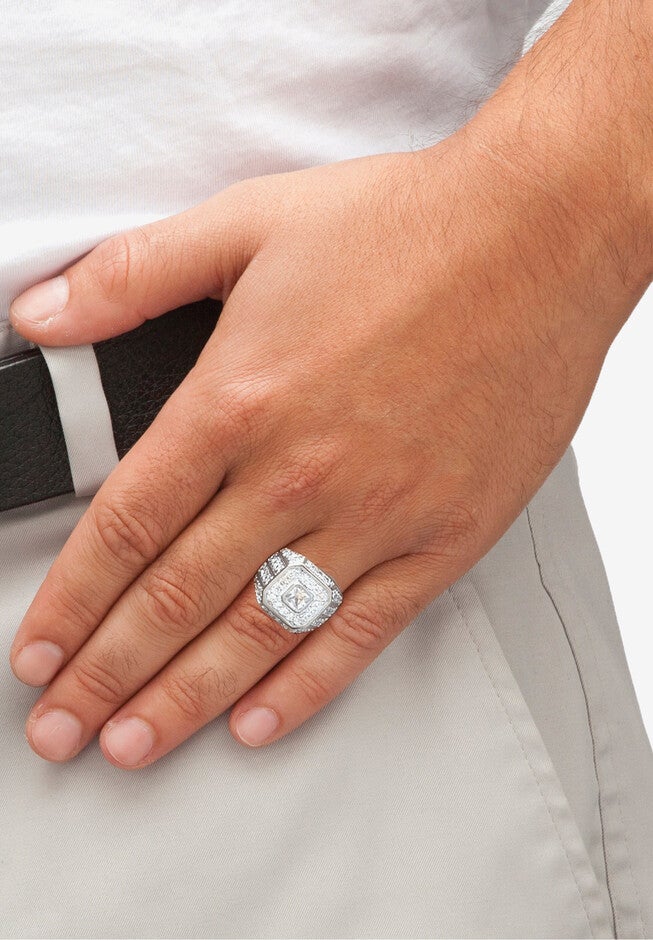 Men'S Platinum Plated Cushion Ring Cubic Zirconia (2 1/3 Cttw Tdw), , alternate image number null