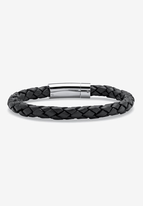 Stainless Steel and Twised Braid Leather Bracelet, STAINLESS STEEL, hi-res image number null