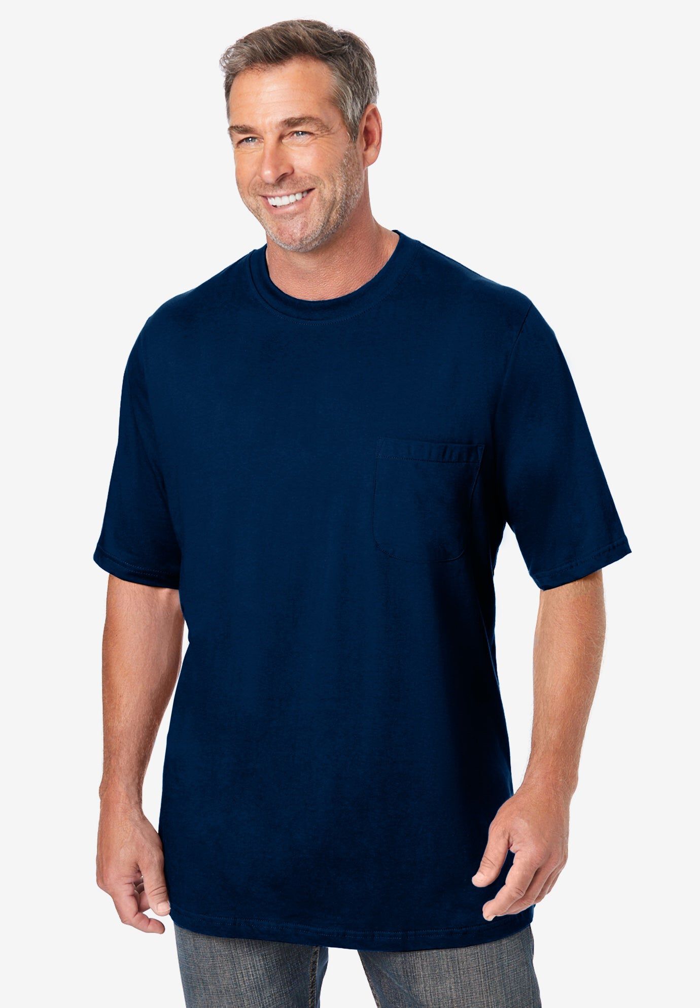 Shrink-Less Lightweight Crewneck Tee with Pocket, Navy | King Size