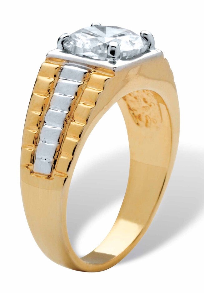 Yellow Gold Plated Cubic Zirconia Two-Tone Textured Ring, , on-hover image number 1