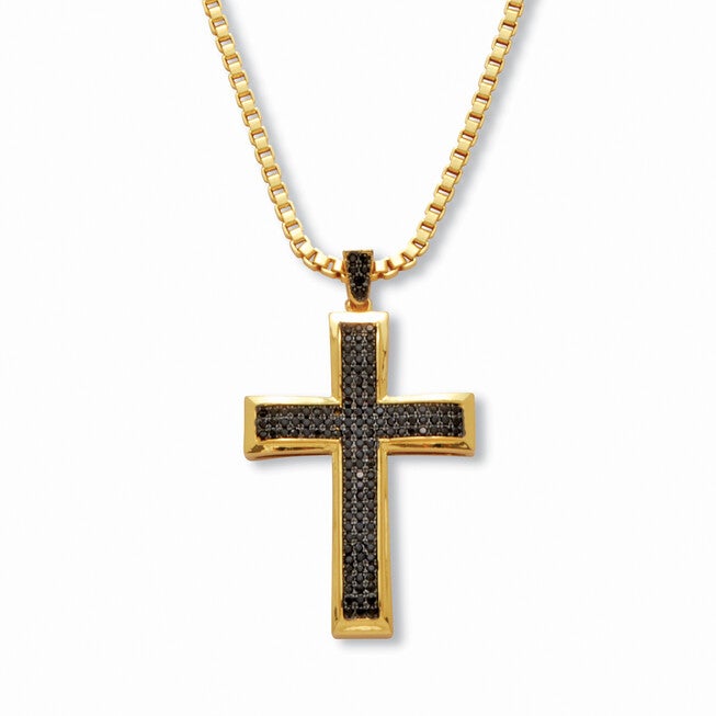 Men's .65 TCW Black Cubic Zirconia Cross Pendant Necklace Gold-Plated 24 Inches, BLACK, hi-res image number null