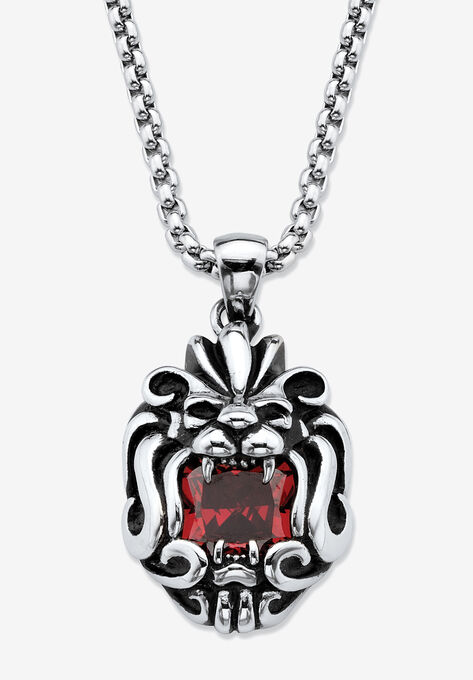 Square-Cut Red Cubic Zirconia Tribal Lion Pendant Necklace In Antiqued Stainless Steel 24" Chain, STAINLESS STEEL, hi-res image number null