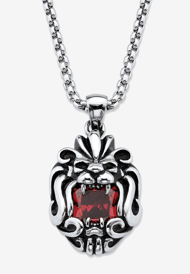 Square-Cut Red Cubic Zirconia Tribal Lion Pendant Necklace In Antiqued Stainless Steel 24 inches Chain, STAINLESS STEEL, hi-res image number 0