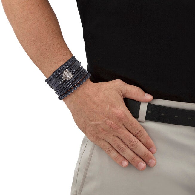 Men's Stainless Steel Multi Strand Leather Macrame Bracelet 8.5 Inch, Adjustable, BLACK, alternate image number null