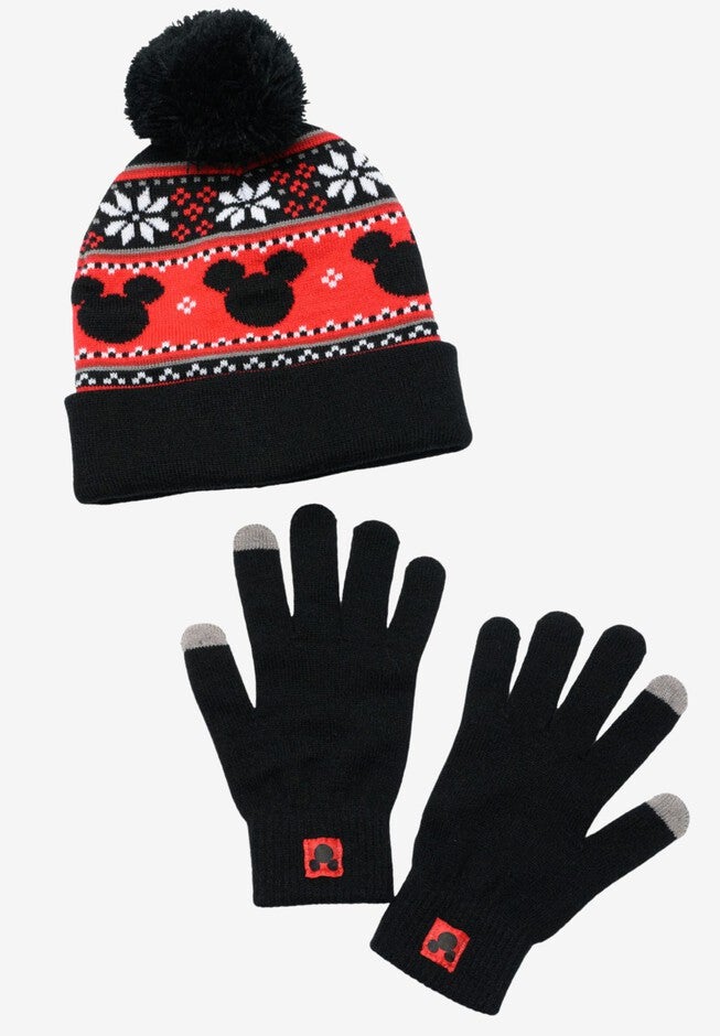 Men's Mickey Mouse Knit Beanie Hat & Touch Screen Gloves 2-Piece Set, BLACK, hi-res image number 0