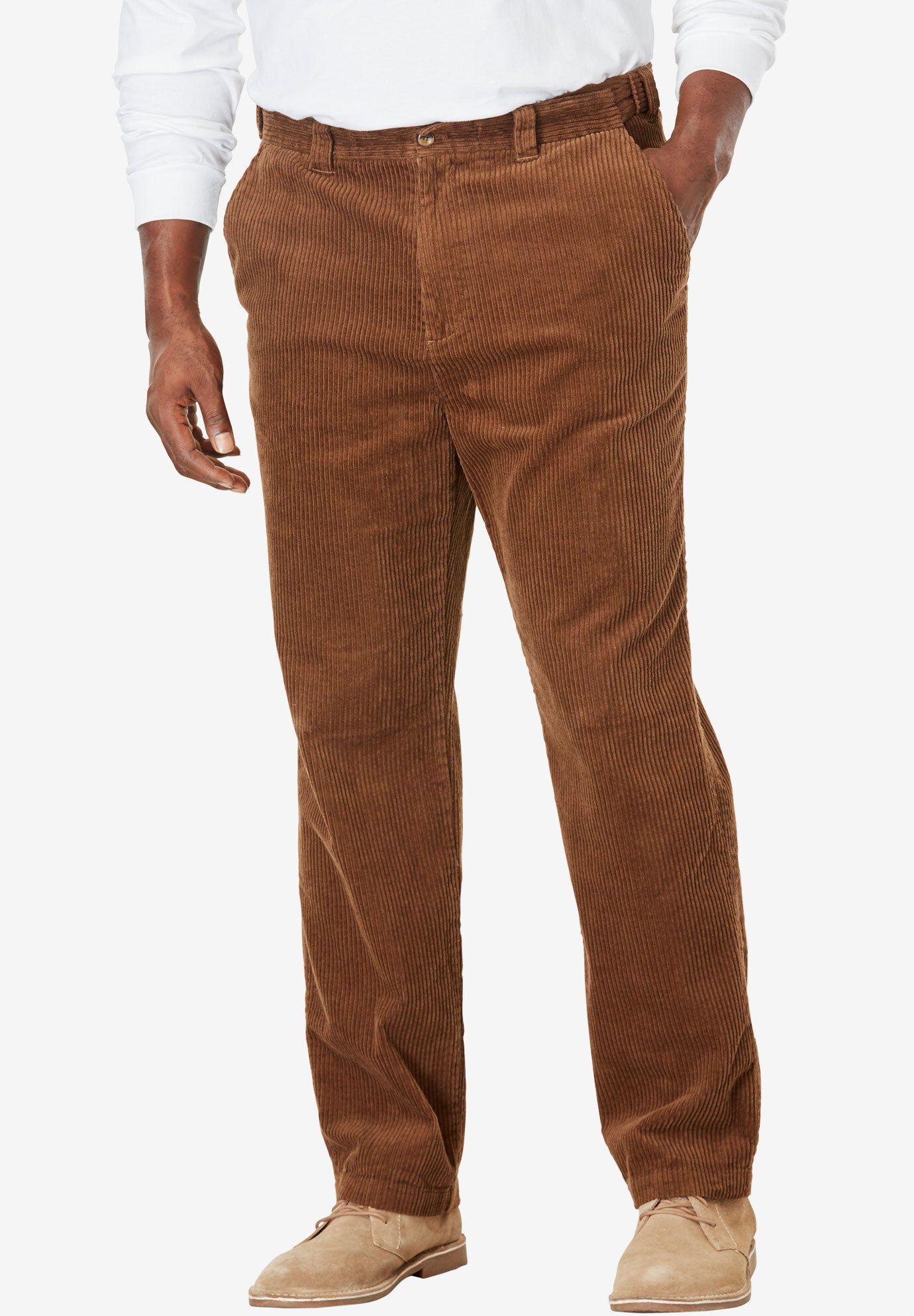 Six-Wale Corduroy Pants with Expandable Waist, Dark Wheat | King Size