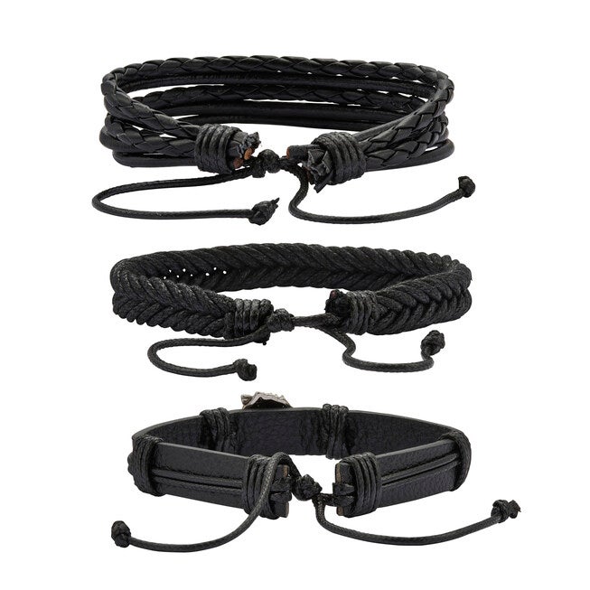 Men's Stainless Steel Multi Strand Leather Macrame Bracelet 8.5 Inch, Adjustable, BLACK, on-hover image number null