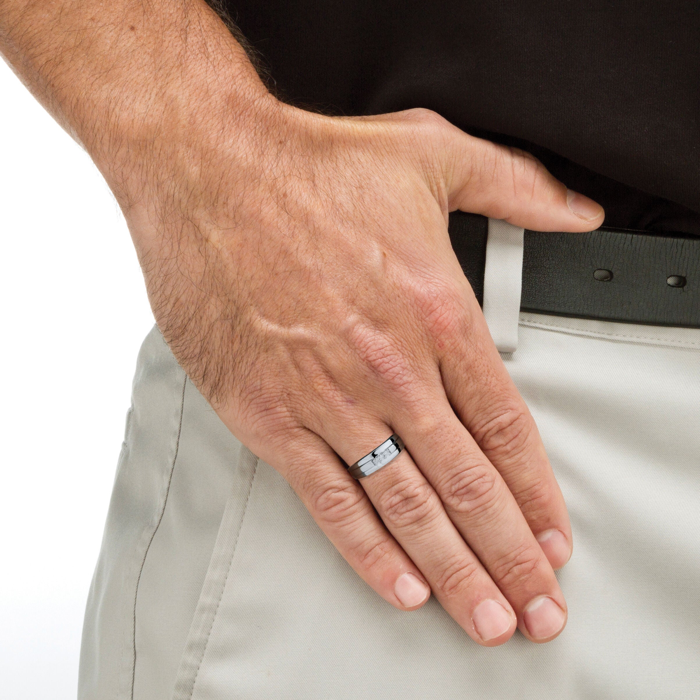 Men&#39;s .15 TCW Diamond 18K Gold-Plated Sterling Silver Slit Band Ring, WHITE, alternate image number 2