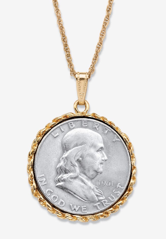 Genuine Half Dollar Pendant Necklace In Yellow Goldtone, 1961, hi-res image number null