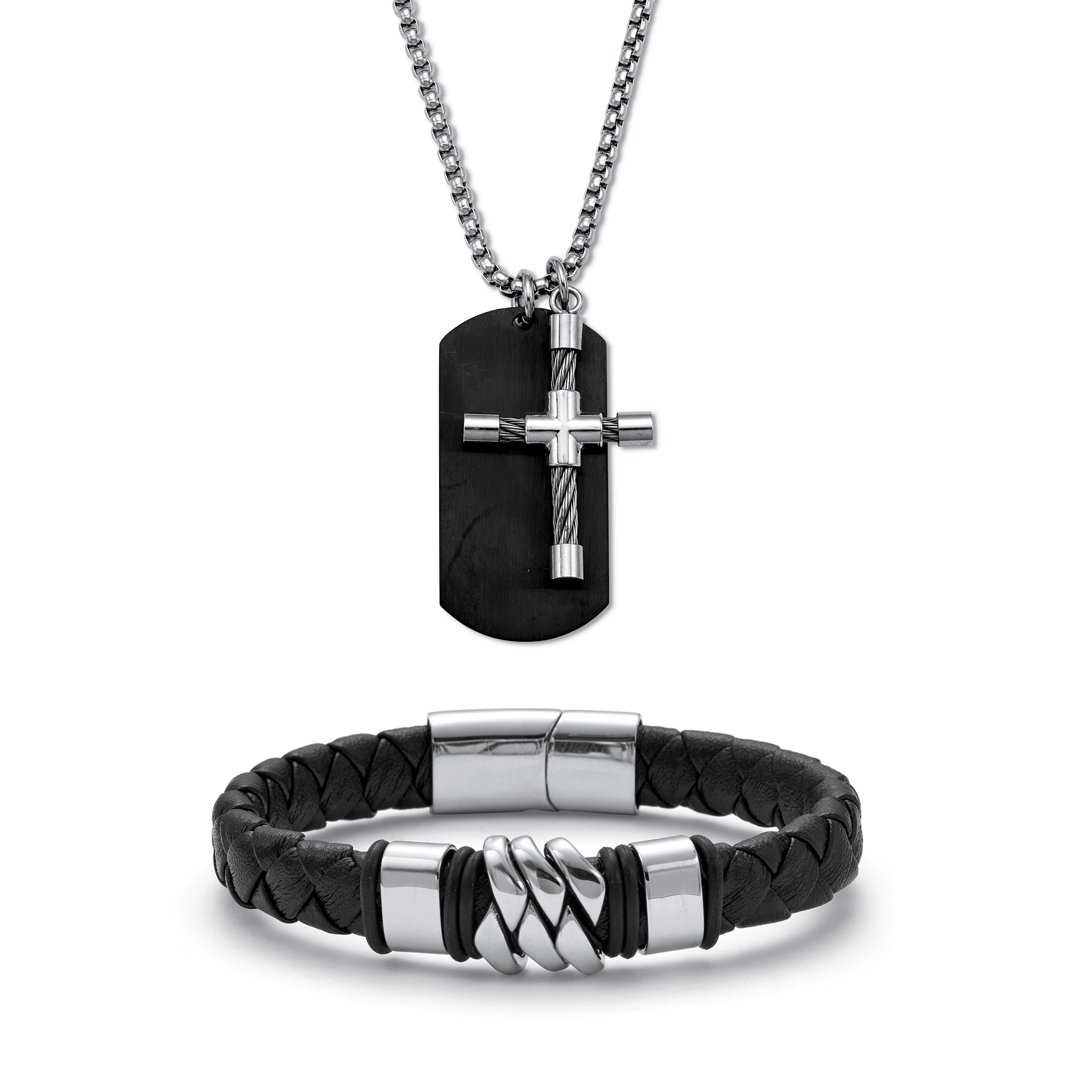 Men's Stainless Steel Cross Pendant Necklace And Bracelet Set, 26 Inch Chain, BLACK, hi-res image number 0