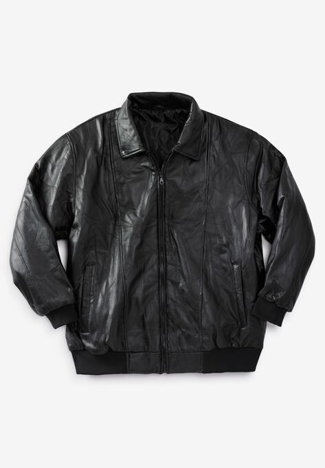 Embossed Leather Bomber Jacket, BLACK, hi-res image number null