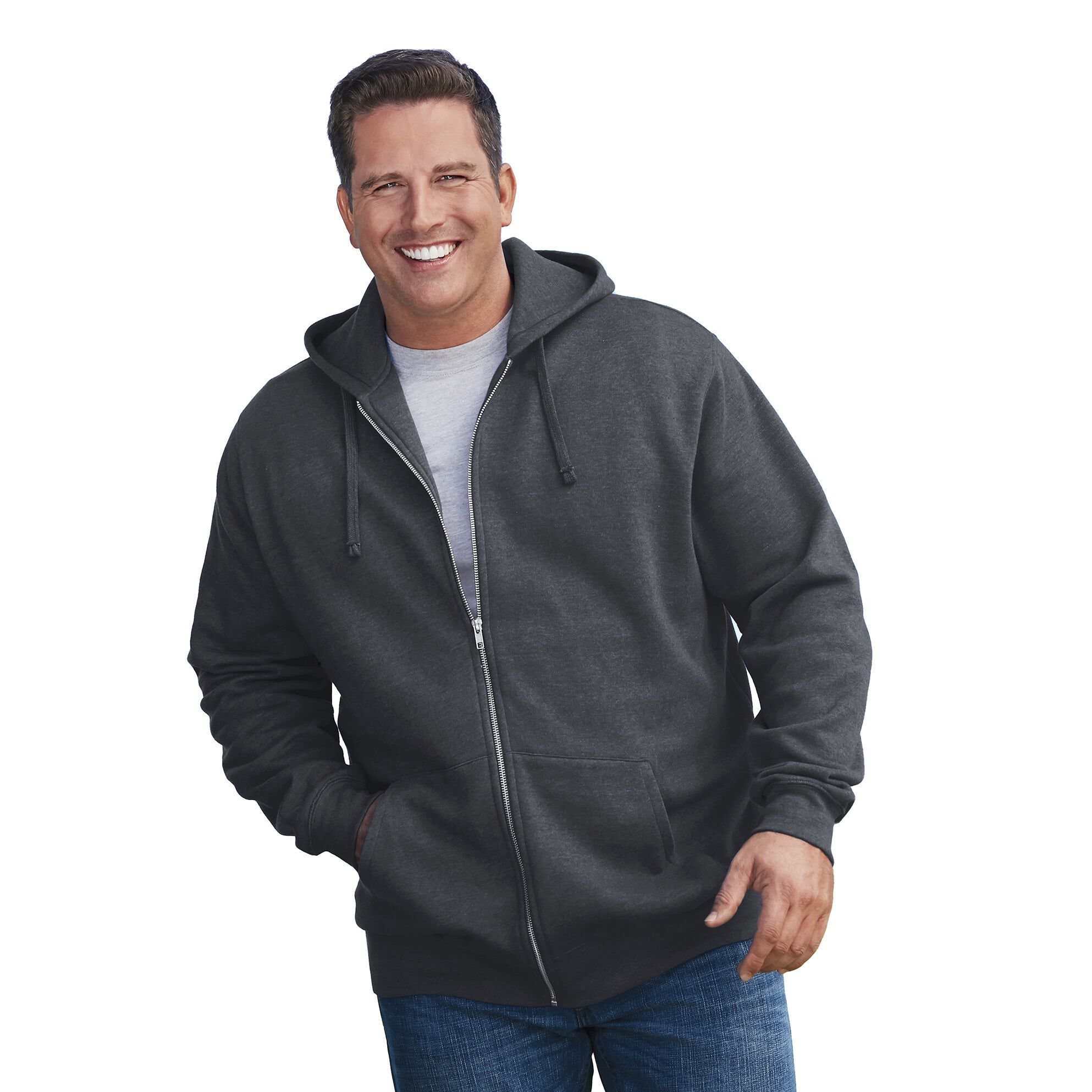 Fleece Zip-Front Hoodie with Pockets & Drawstring, Heather